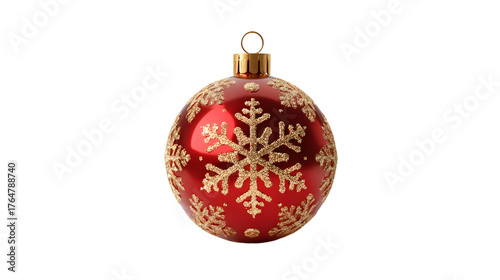 red christmas ball ornament, shiny red bauble with golden snowflake pattern