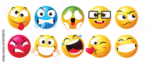 3D emoji faces showing funny, angry, and shocked reactions. Glossy emoticon set perfect for chat apps, stickers, and social media digital communication designs.