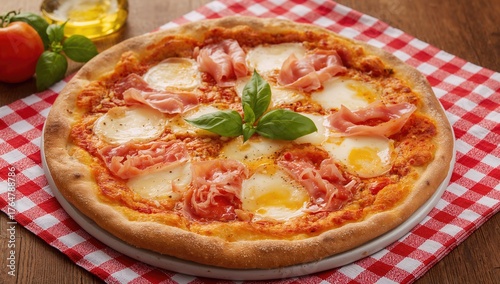 Pizza topped with Ham, Fior...