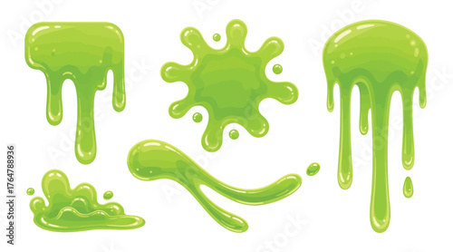 Vector art of set of green slime drops and splashes, ideal for halloween decorations, cartoonish design elements, or playful graphic accents