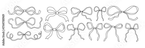 Hand drawn whimsical ribbon bow set in coquette style. Cute doodle line art. Perfect for Christmas invitation, posters, Wedding menu, Valentines Day, and greeting cards. Vector illustration