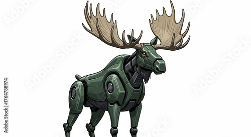 Fierce robotic moose with massive antlers stands powerfully, blending nature's majesty with futuristic technology and strength