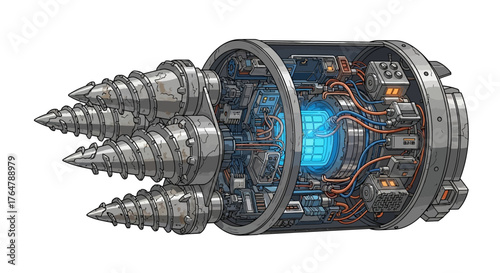 Advanced futuristic drilling machine with intricate internal circuitry and glowing blue energy core ready for industrial innovation