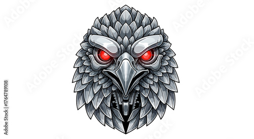 Intimidating robotic eagle head with glowing red eyes and metallic feathers, a symbol of power and futuristic surveillance