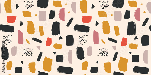 Vector funky pattern with colorful scribble shapes. Kids design seamless texture with hand-drawn brush strokes, paint spots. Modern abstract background for textile. Cute playful repeated design