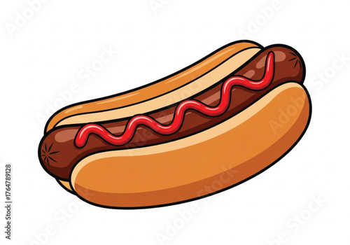 A delicious hot dog with ketchup in a bun, presented on a white background.