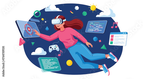 Vector art of a woman wearing a vr headset interacts with virtual interfaces, floating amidst code and game elements, illustrating the immersive experience of virtual reality