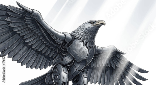 Powerful robotic eagle with metallic wings soaring against bright sky, symbolizing strength and technological advancement