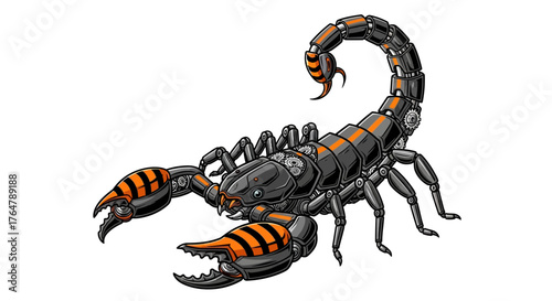 Dynamic mechanical scorpion with intricate gears and orange accents, a powerful symbol of futuristic technology and resilience