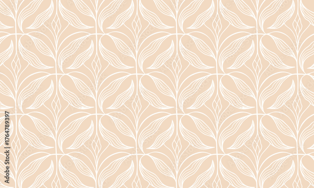 Fototapeta premium Elegant subtle seamless pattern with hand drawn linear leaves, Vector Art Nouveau botanical background in neutral beige and white
