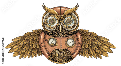 Intricate steampunk owl with gears, gauges, and feathered wings, showcasing inventive mechanical artistry and timeless wisdom.