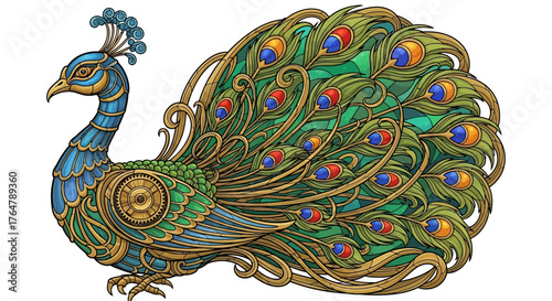 Stunning steampunk peacock with intricate golden mechanical details and vibrant jewel-toned feathers, a symbol of elegance and luxury