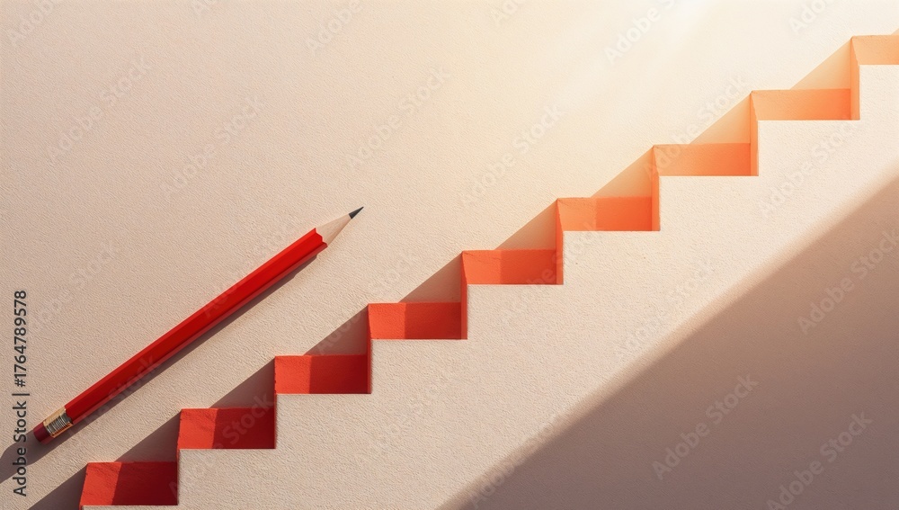Obraz premium Red pencil casting a shadow shaped like stairs on a wall, symbolizing the journey of hard work for success