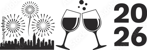 New year celebration with fireworks champagne glasses and 2026 numbers