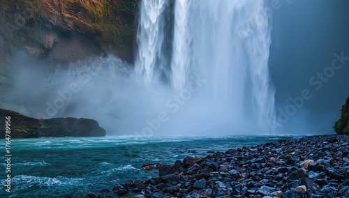 Detailed view of cascading water over rocks with mist and flowing stream