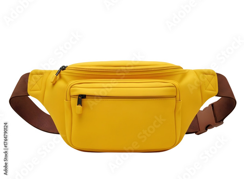 Yellow fanny pack with brown strap isolated on transparent background