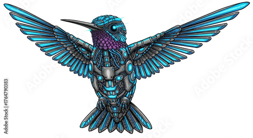 Stunning biomechanical hummingbird with vibrant blue accents and intricate metal details, showcasing futuristic nature.