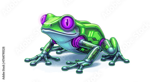 Futuristic robotic frog with glowing purple eyes and intricate circuit board details on its green body