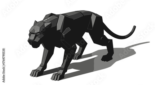 Sleek, angular black panther robot with glowing red eyes prowls forward, embodying modern power and futuristic stealth.