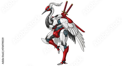 Dynamic robotic crane warrior with samurai swords embodies futuristic strength and agility, a powerful symbol of innovation and combat readiness.