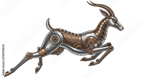 Steampunk gazelle leaps dynamically with intricate gears and metallic sheen, showcasing futuristic animal design inspiration.