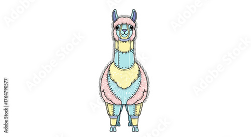 Whimsical steampunk llama illustration with pastel colors and intricate mechanical details, perfect for unique designs.