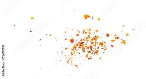 Flying crushed chili flakes, scattered red pepper particles with golden seeds, hot spicy seasoning explosion for cooking ingredient design and gourmet food composition illustration