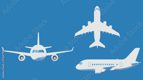 Vector art of a collection of three white airplane silhouettes against a blue background, showcasing different perspectives and types of aircraft