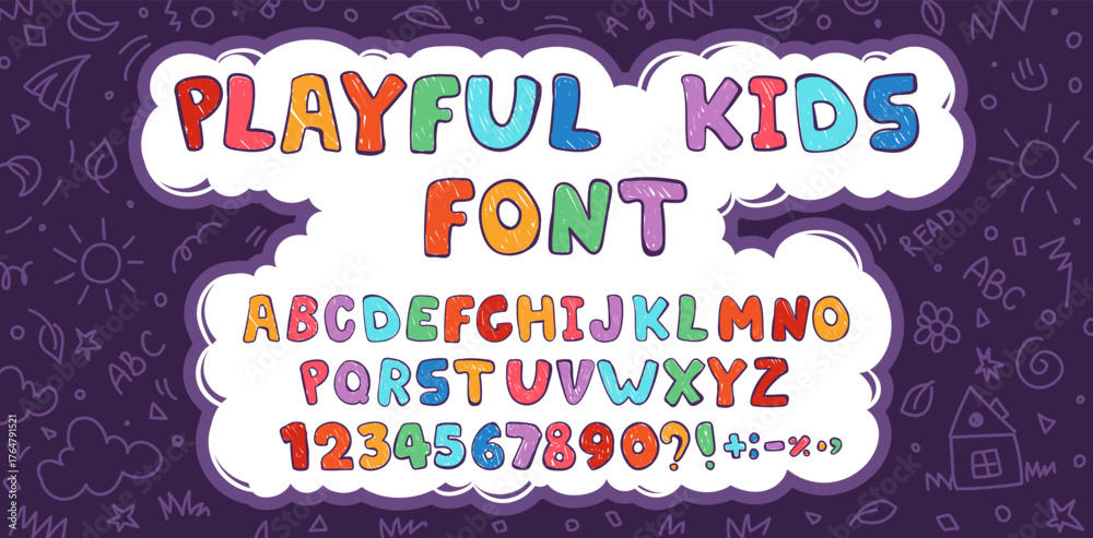 Crayon kids font, doodle funny playful alphabet, hand drawn letters and numbers. School wax crayon abc for educational banners, school, kindergarten. Vector cartoon children illustration