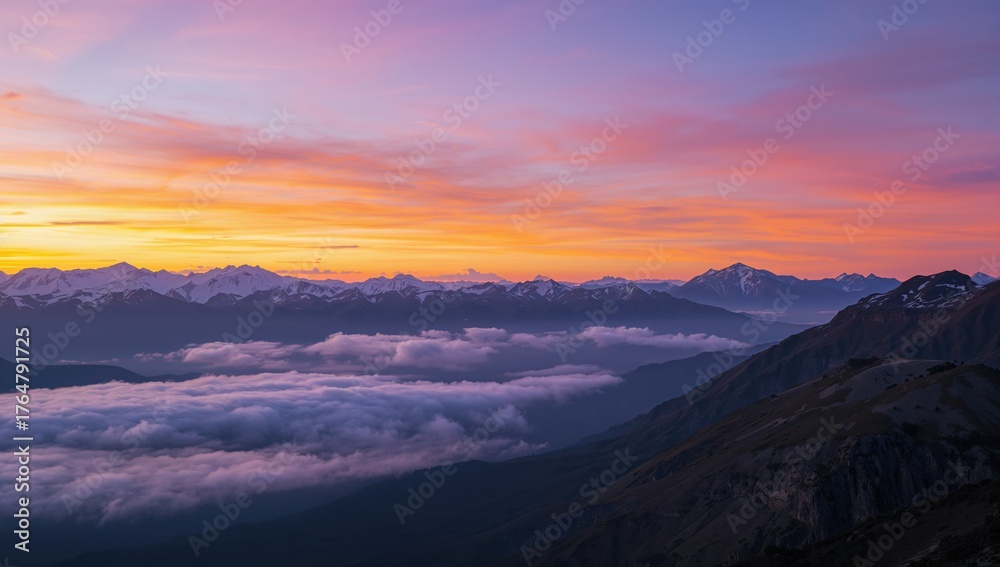 Fototapeta premium Dawn breaks over the tallest summit with some snow still on its peaks