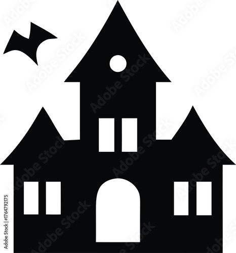 Spooky silhouette haunted house with bat flying silhouette for halloween party decorations vector
