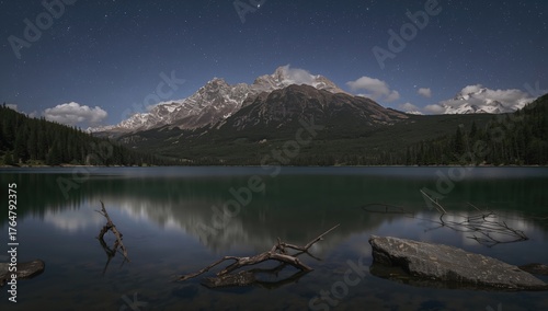 Lake at night with mountain...