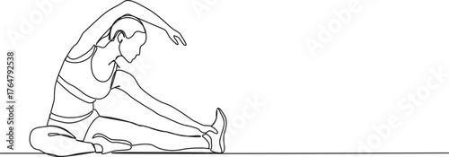 continuous line drawing of athletic woman stretching on floor, line art vector illustration