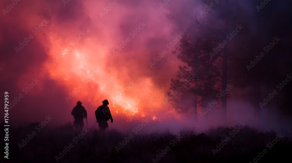 Fototapeta premium Silhouetted firefighters confront a large forest wildfire with intense flames and colorful smoke