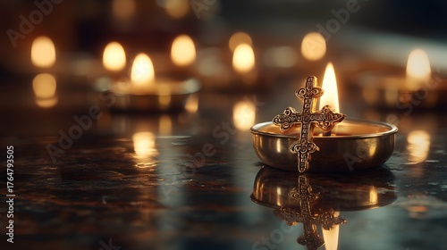 Lit candle with a cross in a church, creating a peaceful and spiritual atmosphere