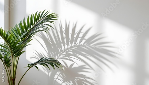 Lush Green Plant Casting Intricate Shadow on Minimalist White Wall in Bright Sunlight
