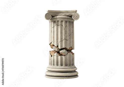 Isolated ancient broken column with cracks and crumbling stone revealing internal structure a symbol of decay and historical ruin
