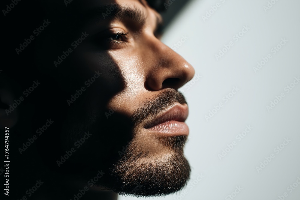 Obraz premium Close-up of a man's face partially hidden in shadow with strong side light, creating an illusion of dual profile and symbolizing inner conflict, identity crisis and psychological duality