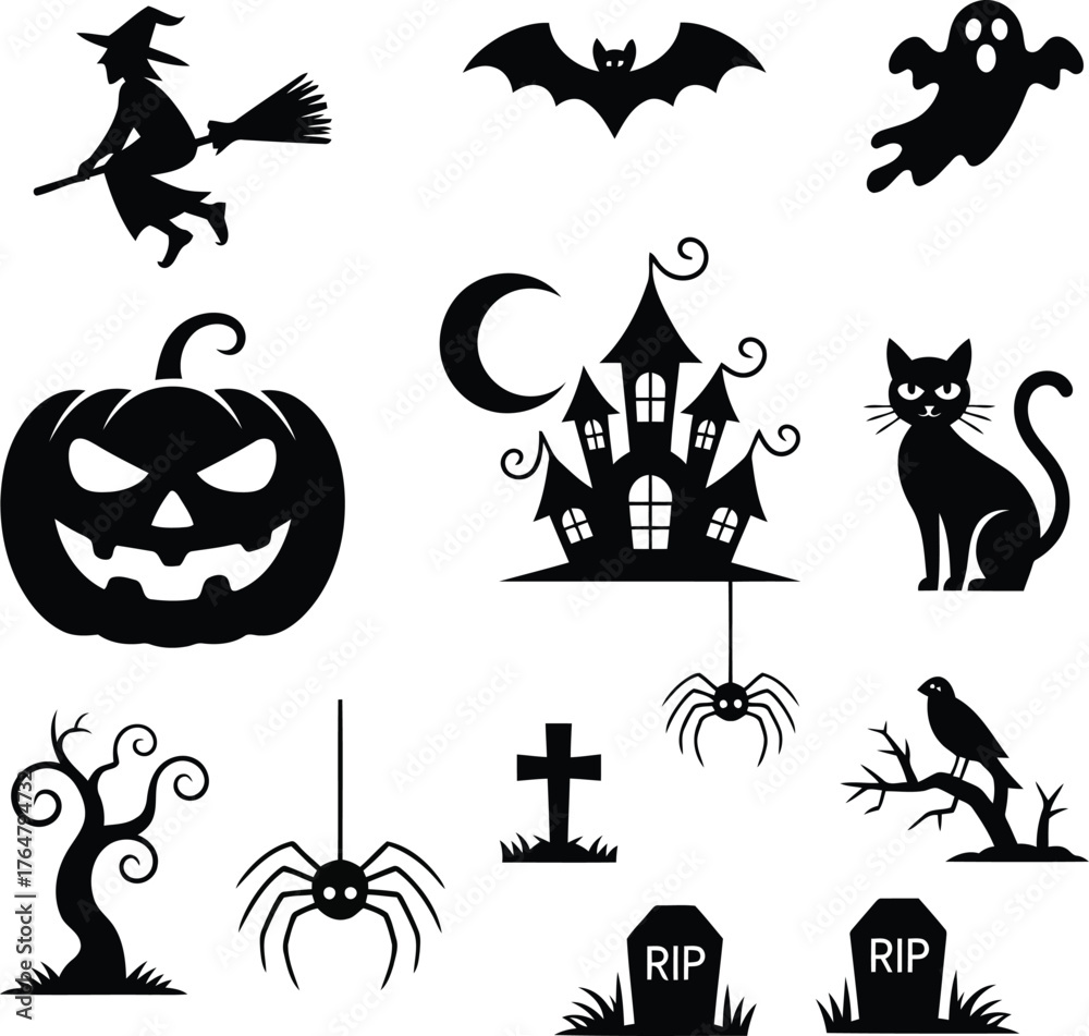 Fototapeta premium Spooky halloween icons silhouette collection for decorations and designs