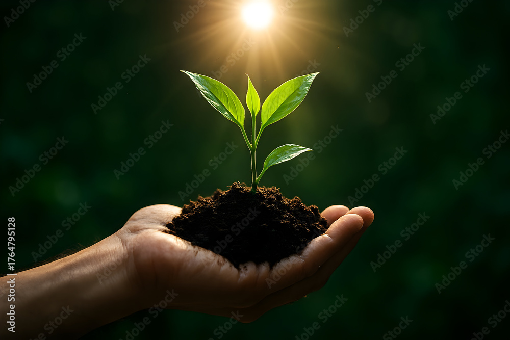 Fototapeta premium Nurturing new growth: A young plant sprouts from soil held in a caring hand.
