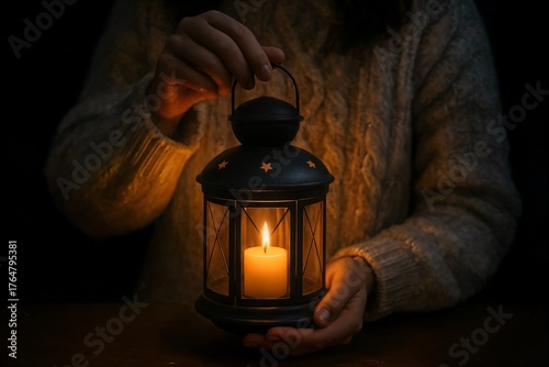 Cozy winter scene with person holding black lantern and glowing candle, warm golden light and dark background creating peaceful atmosphere.