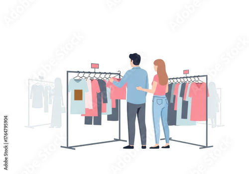 Couple shopping for clothes at a rack isolated on transparent background