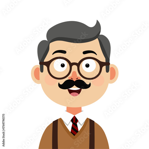 Smiling Gentleman with Mustache and Glasses in Flat Cartoon Style