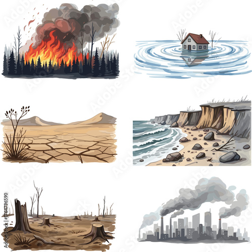 Set of Climate Change and Environmental Disaster Vector IllustrationsSet of Climate Change and Environmental Disaster Vector Illustrations