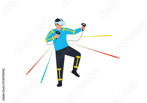 Man wearing vr headset and holding controllers isolated on transparent background