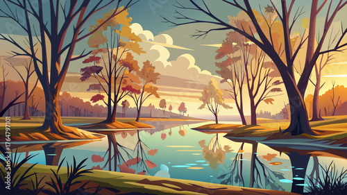 Very beautiful view of bare trees reflected in calm waters of Spring Lake, symbolizing quiet renewal and the tender arrival of early spring in nature’s cycle.