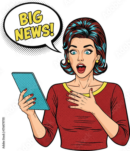 Pop Art Surprised Woman Reading Big News on Tablet Vector IllustrationPop Art Surprised Woman Reading Big News on Tablet Vector Illustration
