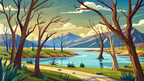 Very beautiful view of bare trees reflected in calm waters of Spring Lake, symbolizing quiet renewal and the tender arrival of early spring in nature’s cycle.
