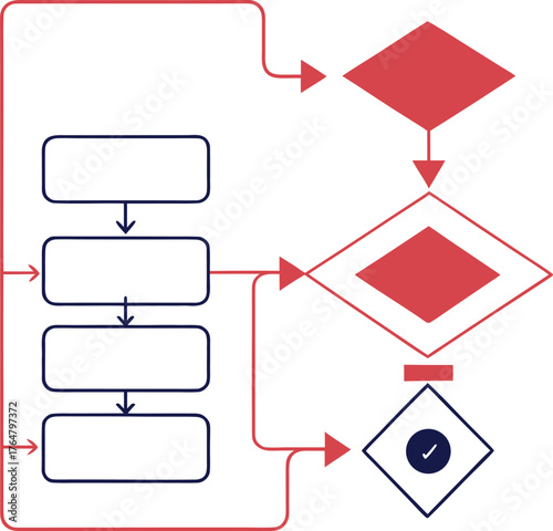 Flowchart diagram or algorithm scheme template for business presentation workflow steps organization sequence structure with red and blue color minimal design.