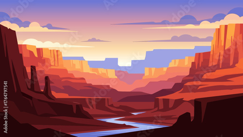 Grand Canyon landscape illustration with river and sunset sky.